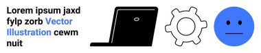 Dijital teknoloji, kullanıcı arayüzü tasarımı, yazılım geliştirme, çevrimiçi iletişim, verimlilik, teknolojik sorun giderme. Bir laptop, dişli ve nötr yüz ikonu. Teknoloji ve kullanıcı arayüzü