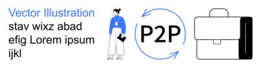 Eşler arası ticaret, ağ, finans, iş iletişimi, işbirliği, profesyonel araçlar. İş kadını elinde ok ve P2P metni olan bir evrak çantası ikonunun yanında duruyor. Eşler arası ticaret