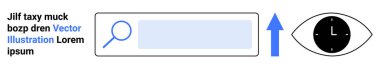 Veri analizi, bilgi araması, piyasa araştırması, dijital zaman izleme, kullanıcı etkileşimi, iş akışı optimizasyonu. Arama çubuğu, saatli ok gözü. Veri analizi ve bilgi arama kavramı