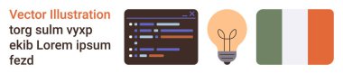 Teknoloji, yenilik, kodlama, fikirler, yazılım geliştirme, uluslararası kavramlar. Kod düzenleyici, ampul ve İrlanda bayrağının görüntüsü. Teknoloji ve yenilik görsel olarak