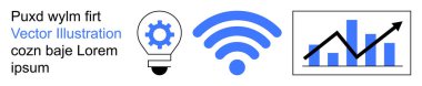 Bağlantı, veri analizi, yenilik, iş büyümesi, teknoloji, kablosuz ağlar. Kablosuz sinyalin iyonu, dişli ampul ve yükselen trend grafiği. Bağlantı ve veri analizi