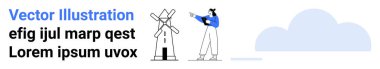 Kolunu asgari tasarım elementleri ve arka planda bulut olan yel değirmenine doğru uzatan bir kişi. Sürdürülebilirlik, yenilenebilir enerji, eko-yaşam, doğa, sunumlar, simgeler, basit