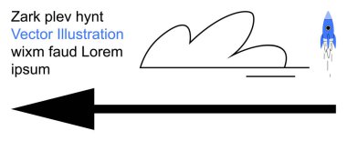 Uzay keşfi, yenilik yönü, ilerleme yönlendirmesi, fütürizm, minimum sanat, yolculuk konsepti. Bulut çizgileri olan kalın bir ok ve küçük bir roket yükseliyor. Uzay keşfi ve yenilik