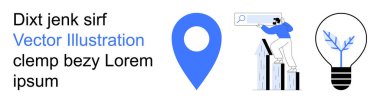 İş planlaması, dijital pazarlama, navigasyon hizmetleri, yenilik, yaratıcı fikirler ve veri analizi. Bir yer belirleyici, arama kutusu ve ampulü olan biri. İş planlaması ve dijital