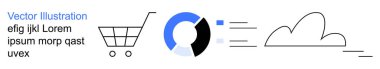 E-ticaret, bulut teknolojisi, veri analizi, online iletişim, dijital pazarlama, tasarım unsurları. Alışveriş arabası, pasta çizelgesi bulut ve metin. E-ticaret ve bulut teknolojisi