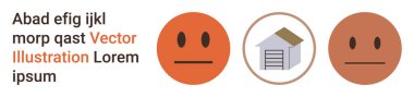 İletişim, konut, duygu, karşılaştırma, gayrimenkul, duygu kullanımı. İki tarafsız yüz emojisi ortada bir garaj ikonunun etrafını sardı. İletişim ve konut kavramı
