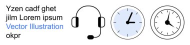 Müşteri desteği, zaman yönetimi, küresel iletişim, programlama, hizmet sektörü, uzaktan çalışma. Mikrofonlu kulaklık ve farklı zaman dilimlerinde iki analog saat. Müşteri desteği ve zaman