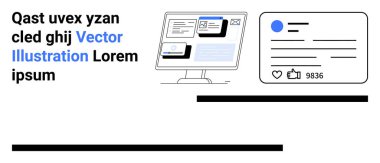 Dijital pazarlama, çevrimiçi iletişim, sosyal medya, teknoloji arayüzü, içerik oluşturma, ağ oluşturma. Resimli masaüstü, profilli sosyal medya kartı. Dijital pazarlama ve İnternet