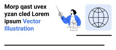 Eğitim, küresel iş, takım çalışması, eğitim, iletişim, liderlik. Bir dünya ikonu ile birlikte bir belgeye işaret eden kişi. Eğitim ve küresel iş