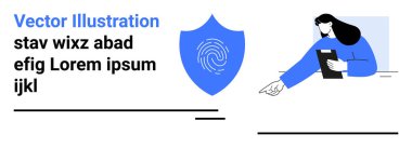 Siber güvenlik, dijital kimlik, veri koruması, kimlik doğrulama, çevrimiçi güvenlik, güvenli erişim. Parmak izi ikonlu bir kalkan ve işaret eden bir kadın. Siber güvenlik ve dijital kimlik kavramı