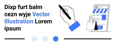 Metnin yanında el ele kalem, ekranda e-ticaret mağazası ve alışveriş çantası. E-ticaret, iş, çevrimiçi mağaza, dijital pazarlama, markalaşma, UI ve basit iniş sayfası için ideal