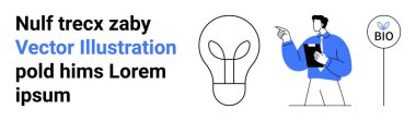 Sürdürülebilirlik, ekolojik yenilik, yenilenebilir fikirler, veri analizi, çevresel ilerleme, konsept çizim. Yapraklı ampul, biyo-işaretin yanında elinde bir pano tutan adam. Sürdürülebilirlik