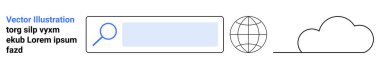 İnternet taraması, veri depolama, arama motoru optimizasyonu, küresel erişim, bulut hesaplama, uzaktan çalışma. Arama çubuğunun minimalist simgeleri, bir küre ve bir bulut. İnternet taraması ve veri depolama