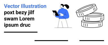 Finansal planlama, iş analizi, dijital araçlar, ekonomi, zenginlik yönetimi, kazanç potansiyeli. Tableti bozuk para yığınının yanında tutan kadın. Finansal planlama ve iş analizi fikri