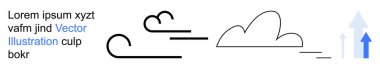 Hava tahmini, büyüme potansiyeli, ilerleme, hareket, çevre bilinci, iş eğilimleri. Bulut ve rüzgar soyut sembolleri yukarı doğru ok ve vektör metin ile. Hava tahmini ve büyüme konsepti