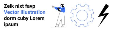 Not defteriyle, vites kutusuyla, cesur yıldırımla işaret eden bir kadın. Takım çalışması, yenilik, enerji, yaratıcılık, mühendislik, üretkenlik için ideal modern tasarım basit iniş sayfası