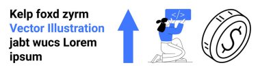İş büyümesi, yazılım geliştirme, yatırım, kodlama eğitimi, finansal başarı, yükselen trendler. Yukarı doğru bir ok, insan kodlaması ve para birimi simgesi. Büyüme ve yazılım geliştirme