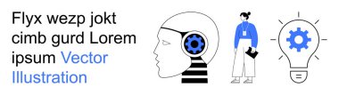 Yapay zeka, yenilik, teknoloji yaratıcılığı, problem çözme, bilgi ve mühendislik çözümleri. Kafası teçhizatlı, ampullü ve şahsi figürlü. Yapay zeka
