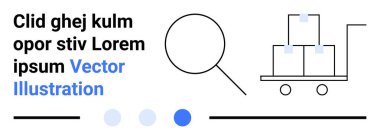 Yığılmış kutularla dolu el arabalarını inceleyen büyüteç, analizi, nakliyatı, e-ticareti, tedarik zincirini, tedarik zincirini, optimizasyonu ve takibi simgeliyor. Basit bir iniş sayfası için ideal