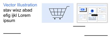 E-ticaret, dijital platformlar, çevrimiçi pazarlama, analitik izleme, veri görselleştirme, alışveriş eğilimleri. Grafikleri ve ölçümleri olan bir panelin yanında bir alışveriş arabası simgesi. E-ticaret ve dijital