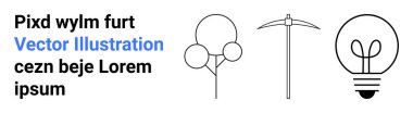 Sürdürülebilirlik, enerji yeniliği, madencilik, kaynak çıkarma, çevre bakımı, tasarım. Minimalist grafik bir ağaç, kazma ve ampul. Sürdürülebilirlik ve enerji yeniliği