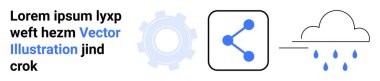 Veri paylaşımı, bulut hizmetleri, hava durumu teknolojisi, ağ oluşturma, hava tahmini, dijital araçlar. Bir dişli, ağ bağlantısı sembolü ve yağmur bulutu simgeleri. Ağ ve bulut hizmetleri kavramı