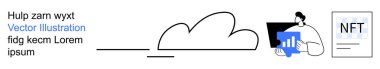 Veri analizi, bulut depolama, engelleme teknolojisi, NFT yönetimi, dijital varlıklar, teknolojik çözümler. Görüntü bulut simgesi, veri analiz eden bir kişi ve NFT belgesini gösteriyor. Veri analizi ve bulut deposu