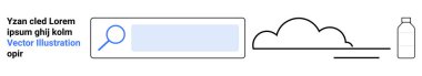 Dijital araçlar, arama motorları, kullanıcı arayüzü, bulut hesaplama, çevre dostu tasarım, minimalizm. Arama kutusu, bulut şekli ve şişe ikonu üzerinde büyüteç. Arama motorları ve bulut hesaplama