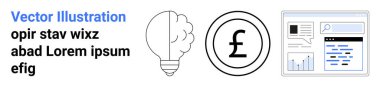 Finansal büyüme, teknoloji yeniliği, yatırım, dijital analitik, yaratıcılık, girişimci fikirler. Ampul, pound işareti ve analitik gösterge paneli. Finansal büyüme ve teknolojik yenilik
