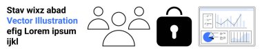 Bir grup ikon, asma kilit güvenliği simgeliyor ve veri tabloları. Takım çalışması, veri koruması, kullanıcı gizliliği, analitik, dijital işbirliği, siber güvenlik ve basit iniş sayfası için ideal