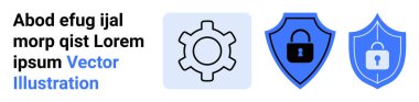 Vites simgesi ve kilitleri olan iki mavi kalkan güvenliği ve yapılandırmayı sembolize ediyor. Teknoloji, güvenlik, bilişim hizmetleri, bulut depolama, veri koruması, gizlilik ayarları, basit iniş sayfası için ideal