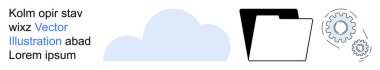 Bulut hesaplama, dosya depolama, veri yönetimi, yapılandırma, teknoloji iş akışı, bilişim hizmetleri. Bulutun, klasörün ve vites simgelerinin grafikleri. Bulut hesaplama ve dosya depolama kavramı