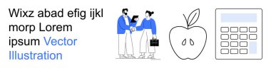 İş birliği, sağlık farkındalığı, finansal planlama, takım çalışması, sağlık tanıtımı, eğitim. El sıkışma, elma ve hesap makinesi simgeleri. İş birliği ve sağlık bilinci
