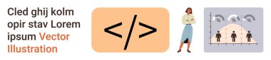 Web geliştirme, veri analizi, iş yönetimi, bilgi tasarımı, eğitim, istatistiksel içgörüler. Kodlama sembolü, ayakta duran ve insan figürleriyle grafik çizen kadın. Web Geliştirme