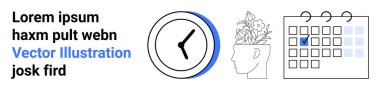 Zaman yönetimi, akıl sağlığı, planlama, üretkenlik, kendi kendine bakım, organizasyon. Minimalist saat, kafasında bitkiler ve takvim var. Zihinsel sağlık ve verimlilik