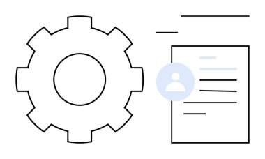 İş süreçleri, takım iş akışları, görev otomasyonu, veri yönetimi, kullanıcı profilleri, içerik organizasyonu. Basitleştirilmiş dişli, profil simgesi ve belge. Çalışma akışı ve görev otomasyon kavramları