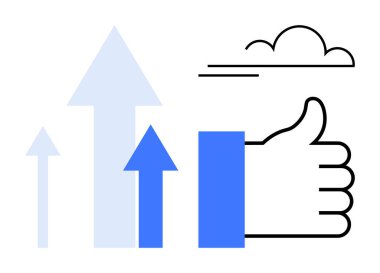 Başarı konsepti. Başparmaklar yukarı, oklar yukarı ve bulutlar ilerleme ve iş ve kişisel gelişim için onay. Başarı motivasyon, başarı, stratejiler, liderlik, takım çalışması
