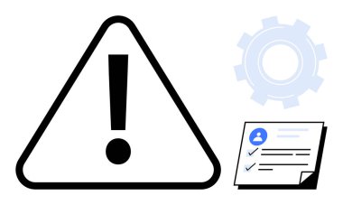 Bilinç, risk yönetimi, görev öncelikleri, uyum, güvenlik, problem çözme, basit düz metafor için siyah ünlem işareti, üçgen uyarı simgesi, vites simgesi ve kontrol listesi