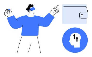 Sanal gerçeklik kavramı. Sanal gerçeklik odaklı insan dijital bir cüzdanı işaret ediyor ve bilgi ve fikirlerdeki büyüme. Oyun, eğitim, yenilik, iş ve teknoloji için sanal gerçeklik