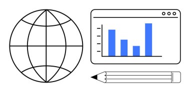 Veri analizi, iş anlayışı, dijital trendler, küresel ekonomi, araştırma, istatistik. Küre, çubuk grafik ve kalem küresel veri analizi ve araştırması. Veri analizi ve iş anlayışı kavramı