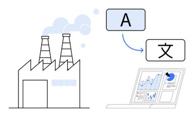 Endüstriyel otomasyon, dil çevirisi, veri analizi, teknoloji entegrasyonu, çevresel izleme, küresel iletişim. Emisyonları ve dizüstü bilgisayarları olan bir fabrika. Sanayi otomasyonu