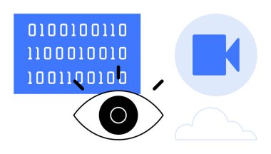 Veri işleme, video teknolojisi, gözetleme, bulut depolama, dijital analiz, teknolojik yenilik. Kalın mor göz ikili kod, video ikonu ve bulut gözlemler. Veri işleme ve video teknolojisi