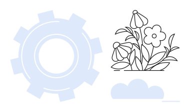 Doğa, teknoloji, yenilik, çevre dostu tasarım, sürdürülebilirlik, modern kavramlar. Çiçekli dişli ve minimalist tarzda çizilmiş bir bulut. Doğa ve teknoloji entegrasyonu kavramı