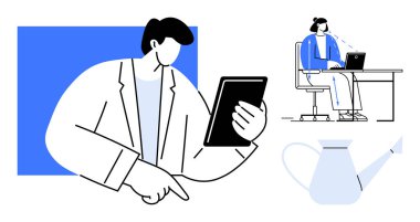 Uzaktan çalışma konsepti. Uzaktan çalışma, cihazlar, tabletler ve laptoplar aracılığıyla işbirliği ve verimliliği destekler. Uzaktan çalışma esnekliği ve dijital iletişimi teşvik eder. İlgili