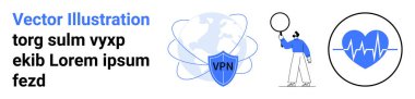 Dünya üzerinde VPN kalkanı, büyüteçli insan ve kalp atışı ikonu. Teknoloji için ideal, çevrimiçi güvenlik, sağlık, keşif, küresel bağlantı, veri gizliliği basit iniş sayfası