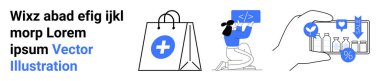 E-ticaret, teknoloji, online alışveriş, kodlama, dijital ödeme, sağlık hizmetleri. Simgeler arasında tıbbi haçlı bir alışveriş çantası, bir programcı ve akıllı telefon indirimleri yer alıyor. E-ticaret ve teknoloji