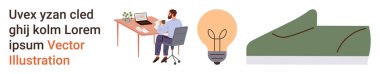 Çalışma alanı kurulumu, yenilikçi fikirler, üretkenlik, günlük ayakkabılar, yaratıcılık, yer tutucu metin. Masada çalışan kişi, ampul sembolü yeşil ayakkabı grafiği. Yenilik fikirleri ve üretkenlik teması