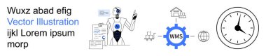 Yapay zeka, iş akışı otomasyonu, lojistik, zaman izleme, depo yönetimi, sistem entegrasyonu. Bir robot, WMS dişli sistemi ve saat elementleri. AI ve iş akışı otomasyon kavramları
