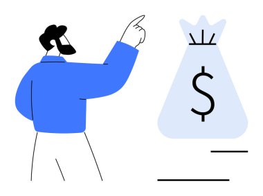 Birikimleri, serveti, gelir neslini, finansal planlamayı ve başarıyı temsil eden dolar işaretli bir para çantasını gösteren bir adam. Finans, iş, yatırım, ekonomi refah yönetimi için ideal