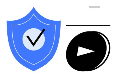 Siber güvenlik, çevrimiçi güvenlik, medya güvenliği, gizlilik koruması, veri doğrulama, kimlik güvencesi. Çalma düğmesi simgesinin yanında işaretli mavi kalkan. Siber güvenlik ve çevrimiçi güvenlik kavramı